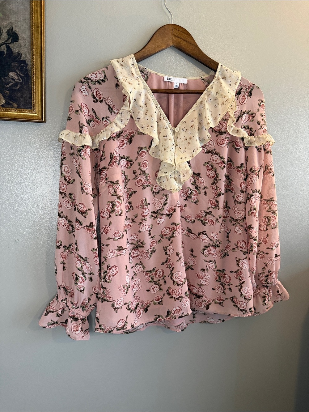 DR2 Pink Rose Floral Ruffle Blouse Small Cottagecore Romantic Boho - Picture 7 of 11